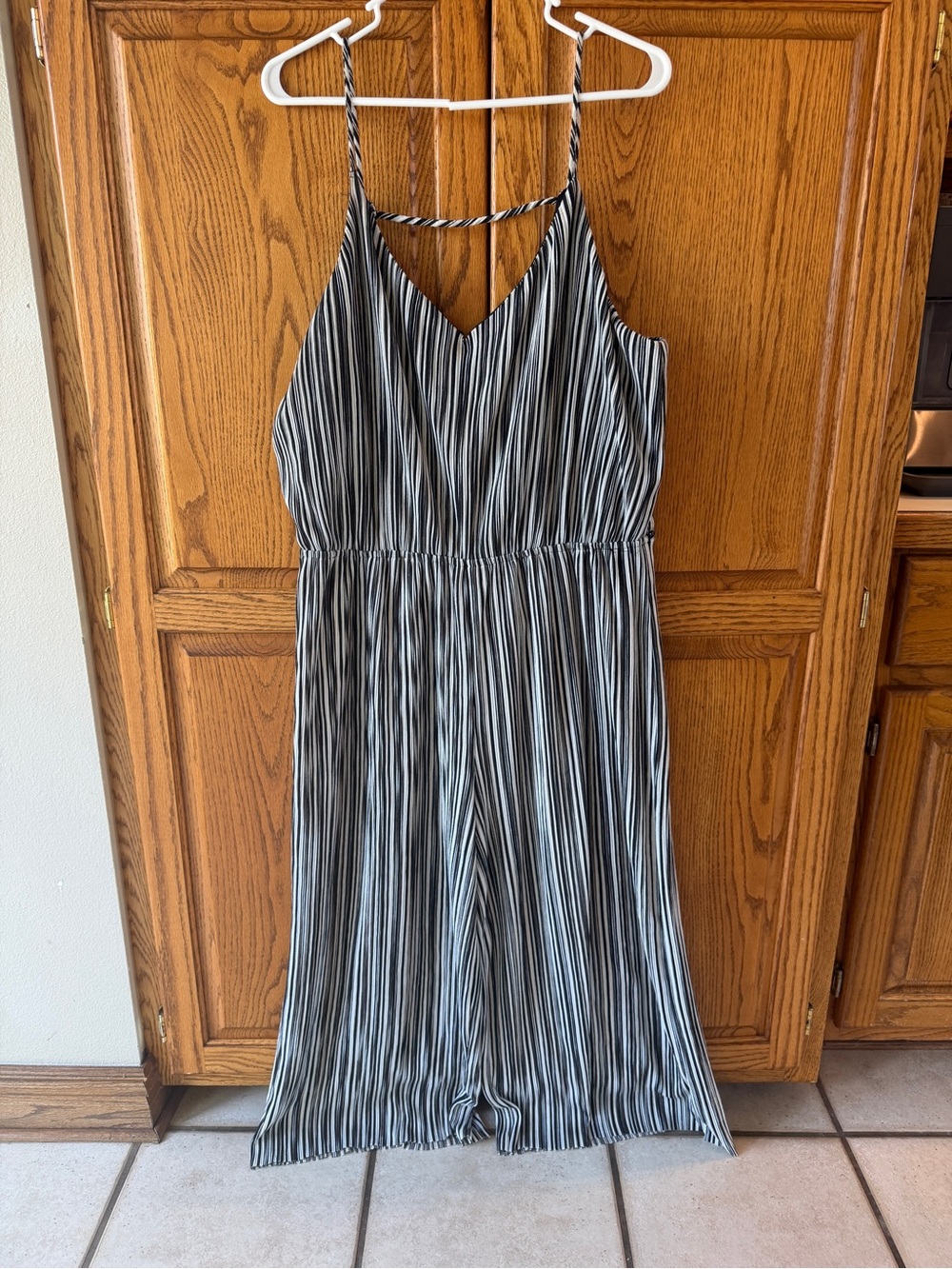 Sleeveless V-Neck Black & White Striped Jumpsuit